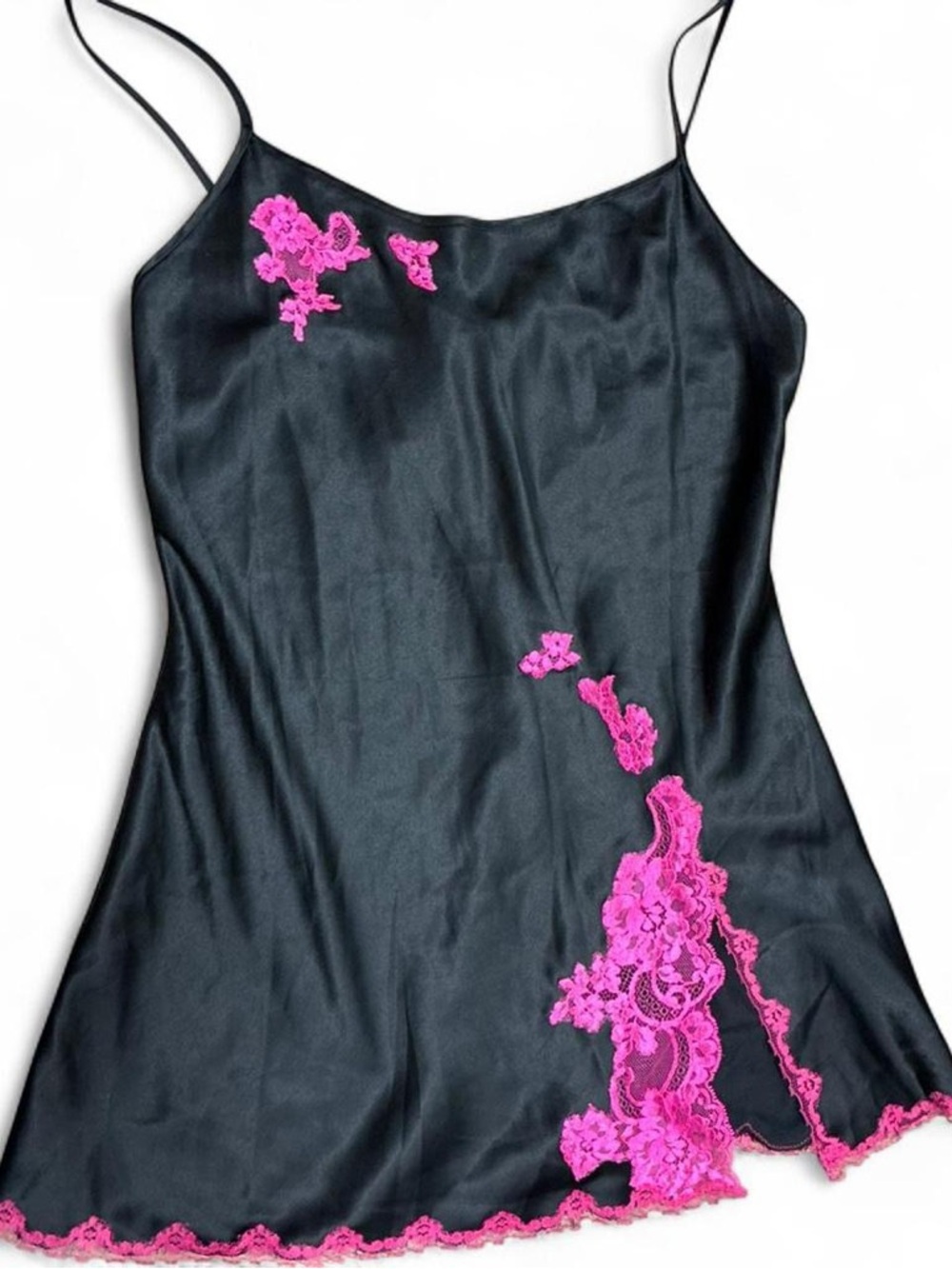 Victoria’s Secret Black Satin Slip Dress Pink Lace Trim Y2K Coquette